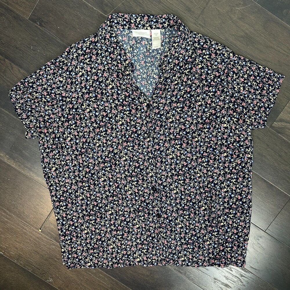 Liz Claiborne Button Up Shirt Womens 18W Blue Ditsy Floral Gauze Cottage Boho